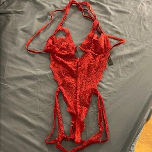 Red Lace Thong Backless Bodysuit